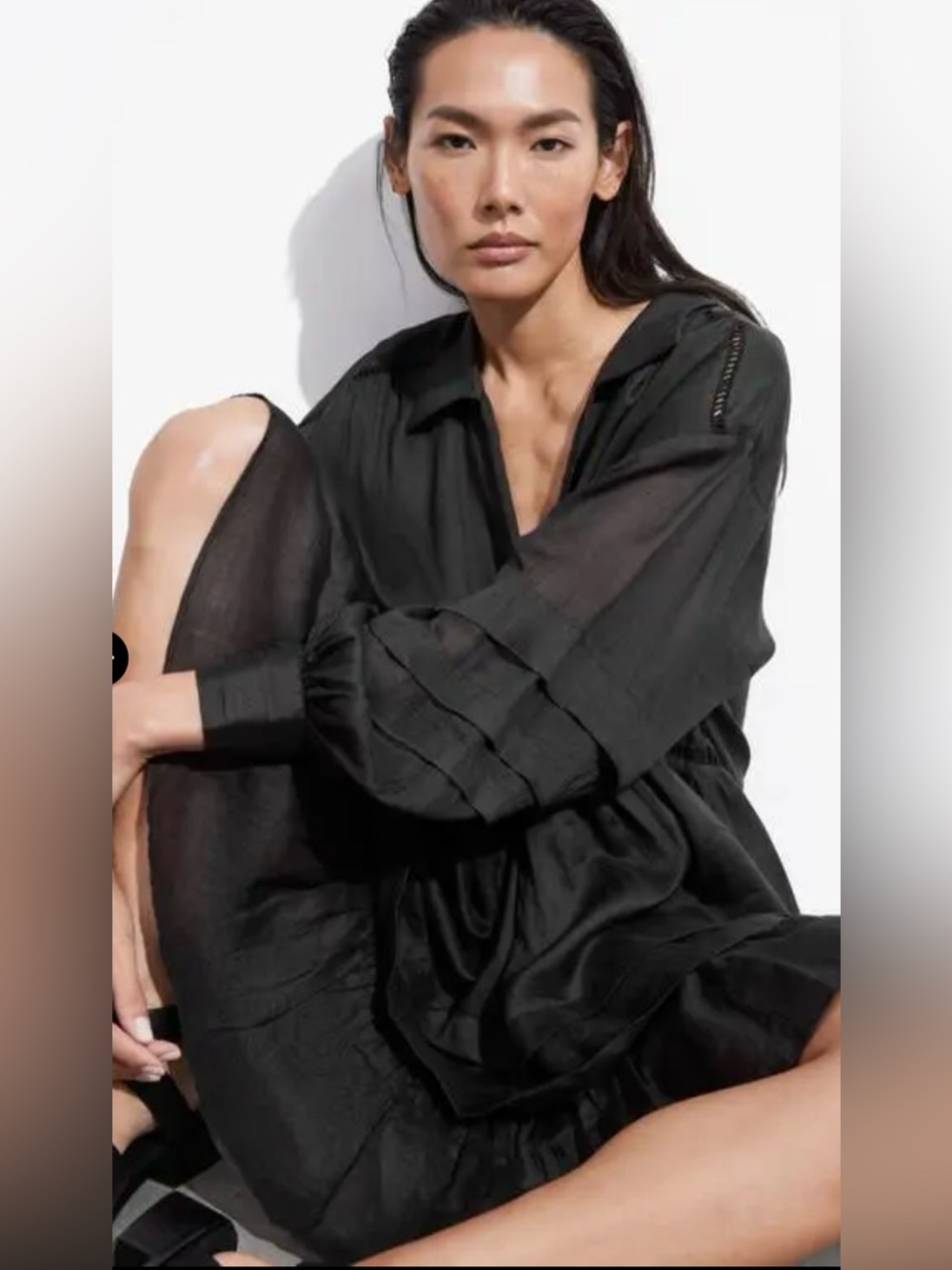 &Other Stories Pintuck Black Cotton Voile Peasant Layer Dress